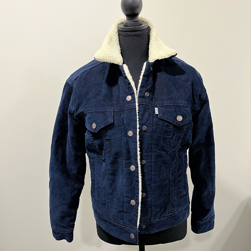 Levi’s blue corduroy Sherpa trucker jacket.